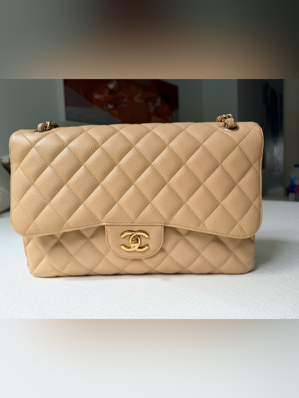CHANEL Classic Jumbo Double Flap Bag – Beige Caviar Leather, Gold-Tone Ha